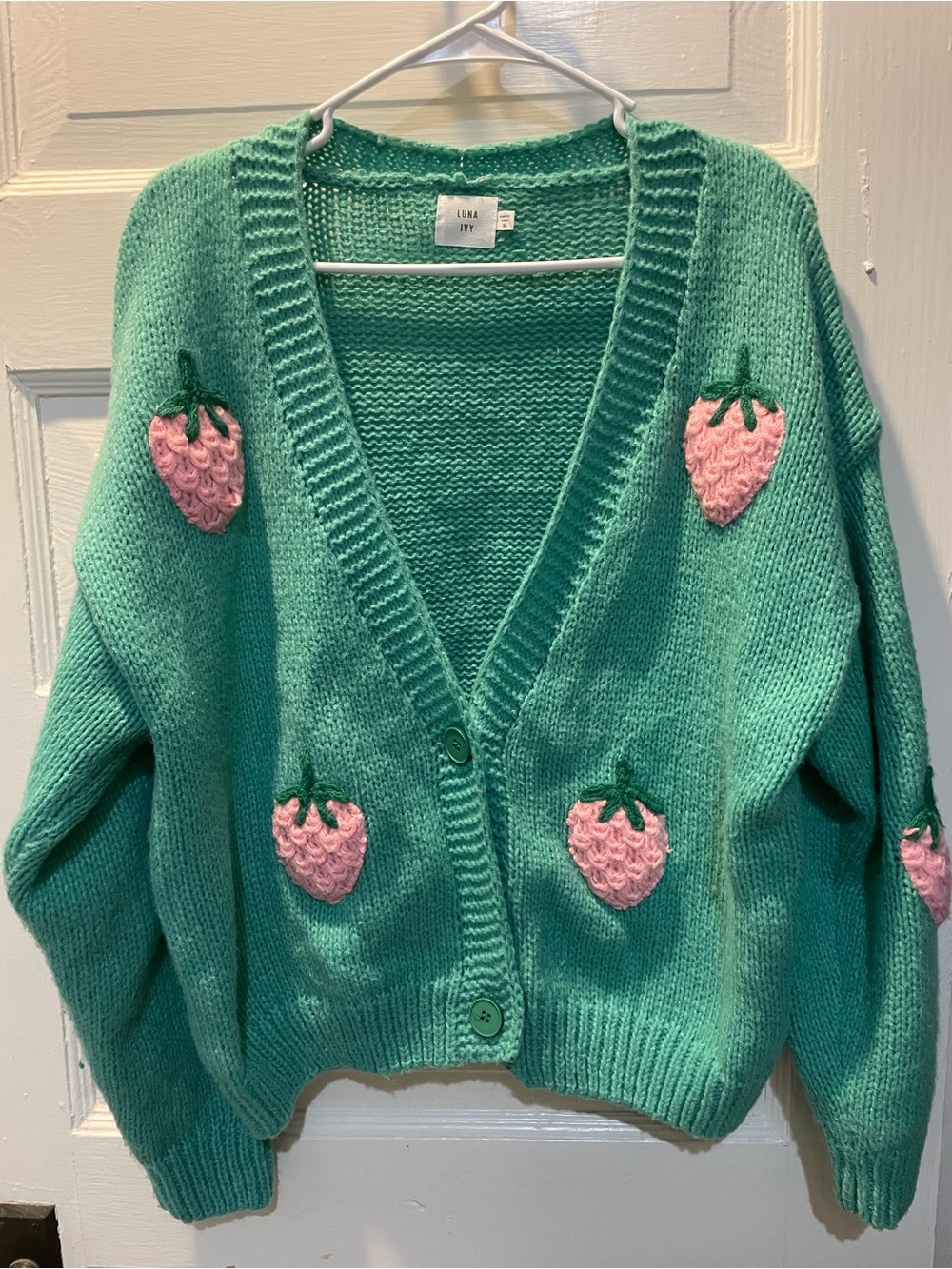 Luna Ivy Mint Green Strawberry Embroidered Cardigan Sweater, Medium